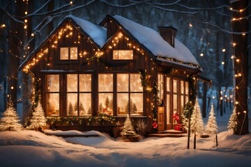 Fototapeta na wymiar Stylish rustic cozy glass farmhouse, decorated with Christmas lights. Merry Christmas. Happy holidays