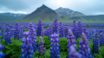 Blooming lupine field with mountains in the background, Iceland