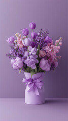 Bouquet of spring flowers in a vase on a purple background