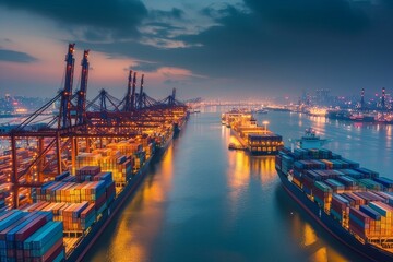 Aerial view of a busy container ship terminal at night with a beautiful sunset in the background