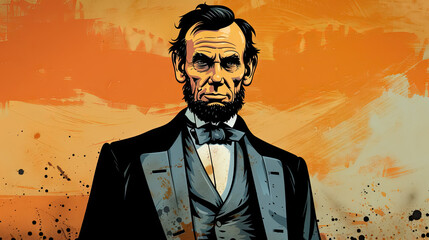 President of USA Abraham Lincoln on shade of orange abstract background - AI Generated Abstract Art