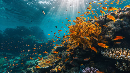 Fototapeta na wymiar Sunbeams penetrate the ocean surface, illuminating a bustling underwater world of coral reefs teeming with colorful fish.