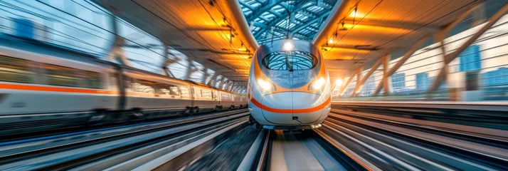 Foto op Aluminium High speed train run on rail tracks, train passenger in motion at the railway station city, panorama © Jira