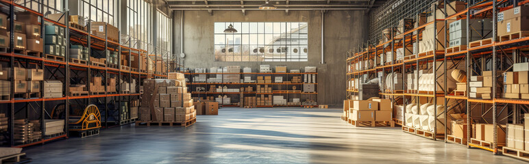 Sunlit Stockroom Serenity: Rows of organized shelves bask in the warm glow of sunlight streaming through arched windows in this spacious warehouse. 