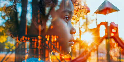 Double exposure of kid on playground at sunset or sunrise, girl