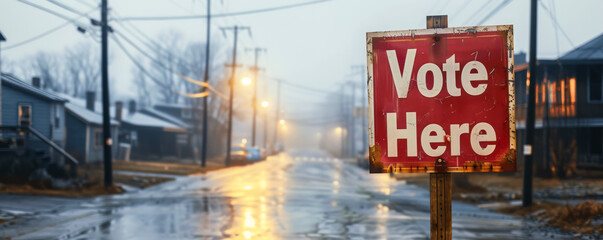 Weathered Vote Here sign indicating a local polling station on a city street at twilight, symbolizing civic duty and the democratic process in action