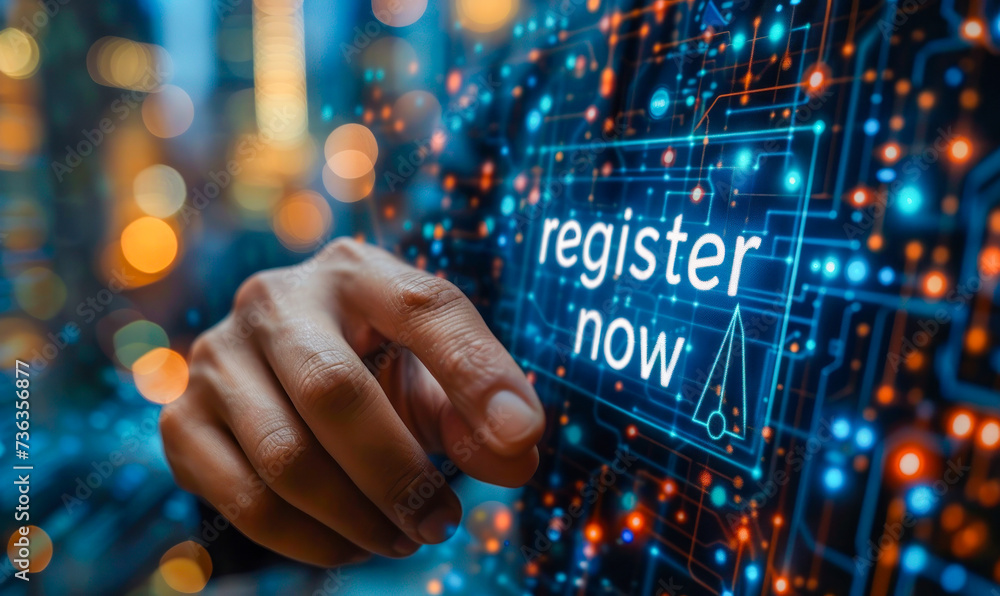 Poster businessperson interacting with a digital interface pressing a register now button, symbolizing onli
