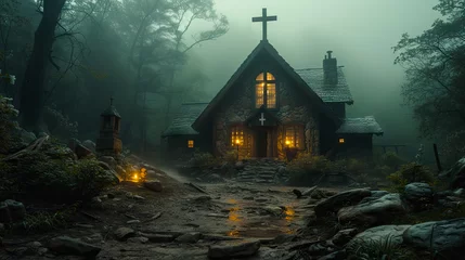 Fotobehang Light from window of an old cabin with cross in haunted overcast forest - AI Generated © Curva Design