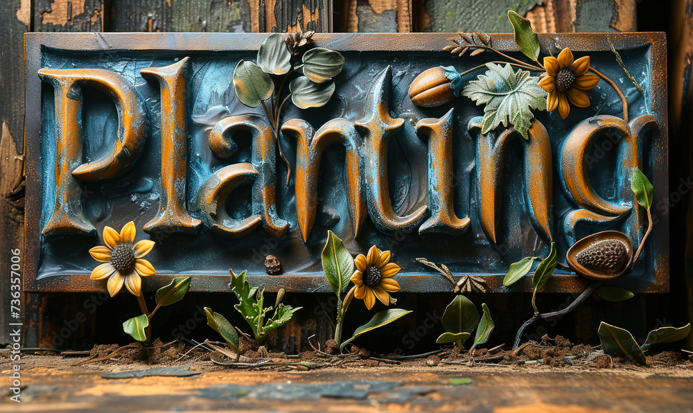 Aufkleber the word planting carved in relief on a rustic brown background with representations of seeds and a 