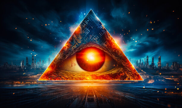 Mystical all-seeing eye encased in a glowing triangle amidst cosmic particles, symbolizing esoteric knowledge, vision, and the universe's secrets