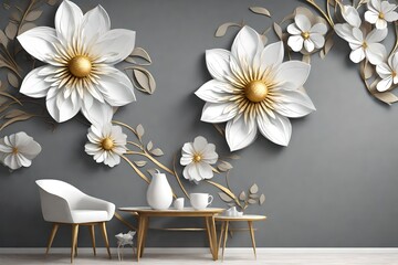 Mural Illustration of beautiful White flower decorative on gray wall background 3D wallpaper....