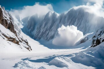 Fototapeta na wymiar The collapse of the snow avalanche in the mountains, a powerful cloud of snow dust blizzard. Force of nature in the mountains