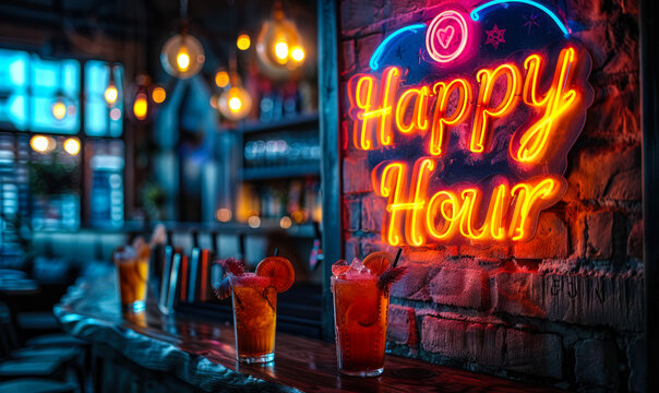 Vibrant neon sign with the words Happy Hour and colorful symbols, lighting up a brick wall, inviting to discounted leisure time at a bar or pub
