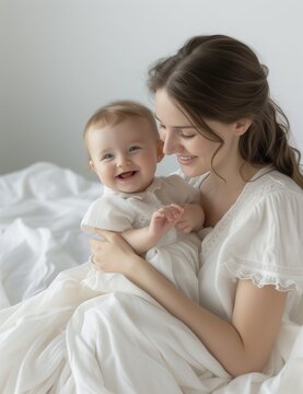 Home photography of happy woman with her laughing baby. Mother with infant inside white interior bedroom portrait.
