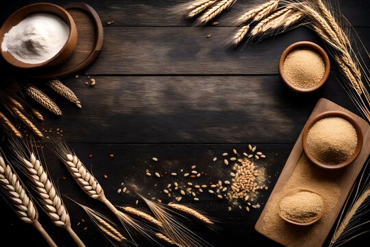 Top View Baking Lesson with Free Writing Space on Dark Background. Wheat Grain, Flour, and Ears Artfully Arranged. Wooden Board Perspective
