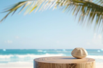 Fototapeta na wymiar Summer product display on wooden podium at sea tropical beach