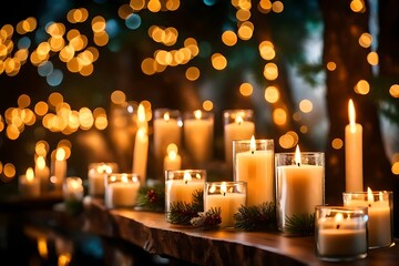 Christmas Candles, Christmas and New Year holidays background. Candles light with bokeh background. Lights and lanterns in the wedding. The candle light is in the glass hang on the trees