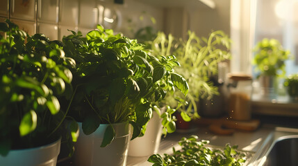 Personal indoor herb garden in a kitchen setting, capturing the freshness and utility of homegrown herbs - obrazy, fototapety, plakaty