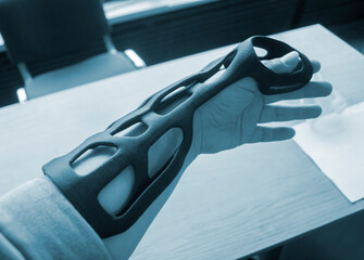 Hand arm splint corset prosthesis langet printed on 3D printer from molten plastic on hand. Medical...