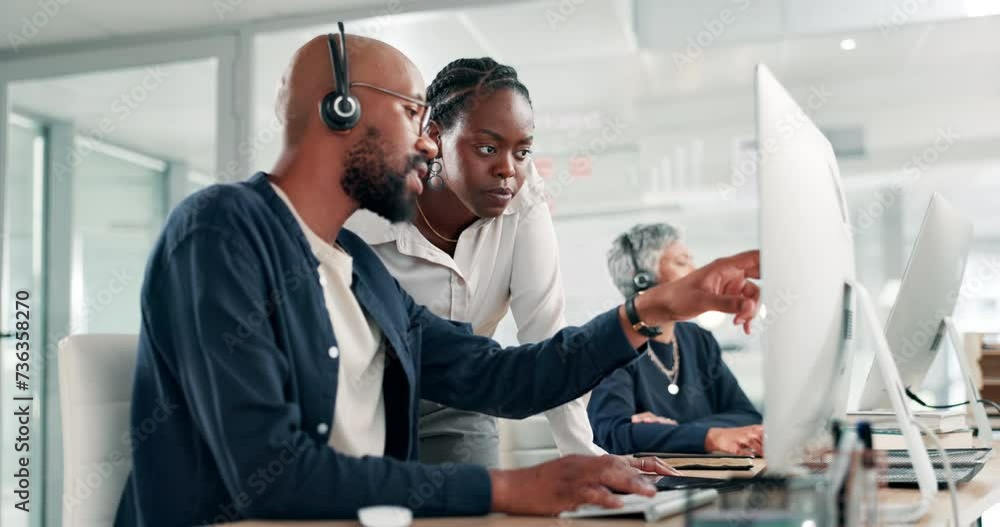 Poster manager, training and man in call center office learning with mentor for advice in technical support