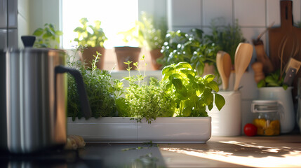Personal indoor herb garden in a kitchen setting, capturing the freshness and utility of homegrown herbs