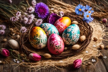 Fototapeta na wymiar Brightly colored Easter eggs near the bouquet of wild flowers and dried buds of roses on a underlay of straw