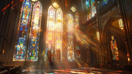 Step inside a magnificent cathedral adorned with stained glass windows that bathe the interior in a kaleidoscope of colors. - obrazy, fototapety, plakaty