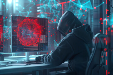 Hacker cyber criminal launches digital virus into global network during hacking attack Generative AI
