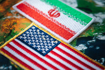 Symbols of the United States and Iran, Flags of countries on the globe map, Concept, Mutual...