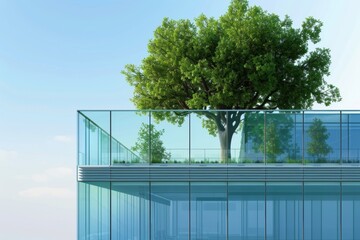Modern city promotes sustainable architecture with eco-friendly glass office building featuring a tree to cut down on heat and CO2 emissions.