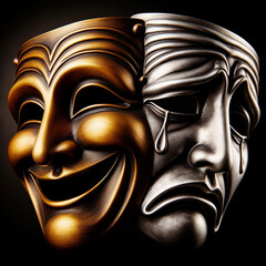 Dwie maski teatralne. Złota - radosna. Srebrna - płacząca