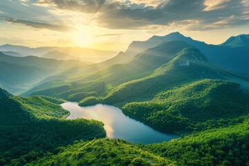 Serenity at dawn with the sun's rays peeking over the lush forested mountains, reflecting on the calm lake below. A testament to the balance of water and nature. - obrazy, fototapety, plakaty