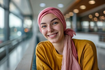 Joyful cancer survivor, grinning after chemo in oncology ward. Beating leukemia and embracing life. Bald beauty rocking a pink scarf with pride.