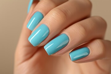 Luxurious blue nail polish on a glamorous woman's hand, perfected with a gel manicure at a high-end salon. Beautiful nail art on a female model's hand with a classic French manicure touch.