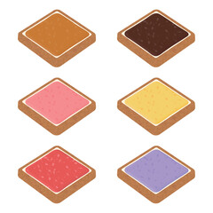 Spread jam on bread vector illustration. White sliced ​​bread. Delicious toast. Bakery elements. Chocolate, strawberry, peanut and other flavors.