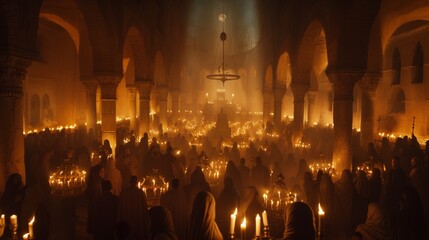 Step into a candlelit sanctuary where the echoes of ancient prayers fill the air, as communities gather to commemorate the Passover miracle. - obrazy, fototapety, plakaty
