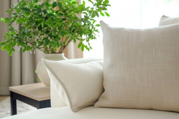 Cozy living room design with soft beige sofa, white pillows, and tree plant pot on coffee table for a comfortable and inviting interior.