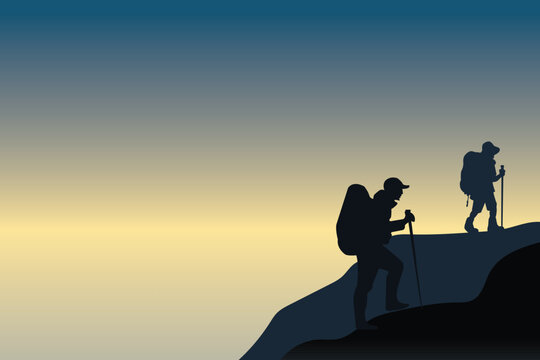 Vector illustration of two mountain climbers silhouettes.