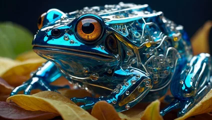 Foto op Canvas close up of cybernetic transparent glossy frog with lights and chips and electrical terminations inside sitting on a leaves surface © Marino Bocelli