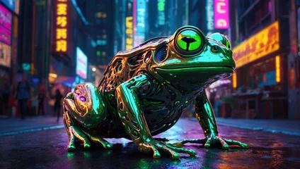 Fototapeten closeup of cybernetic transparent shiny frog with lights and chips and electrical terminations inside in a city street at night © Marino Bocelli