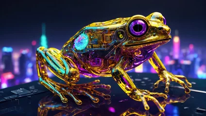 Fototapeten closeup of cybernetic transparent shiny frog with lights and chips and electrical terminations inside in a city street at night © Marino Bocelli