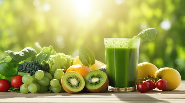 Vegetables and fruits for smoothies lie beautifully on a light wooden table, a glass with a green smoothie, with sun glare and light, top view