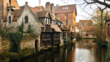 Beautiful Old Houses By The River In Bruges, Belgium