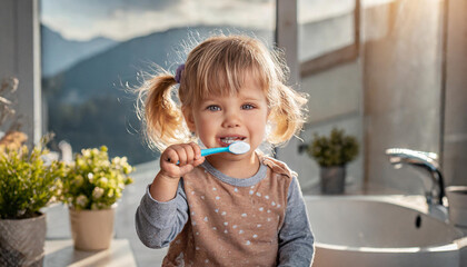 Toddler brushing teeth in the morning,dental hygiene for toddlers.