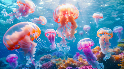 A bright jellyfish is hiding among the waves of the ocean. It has a transparent body and dangerous tentacles that can cause harm. A mysterious inhabitant of the underwater world