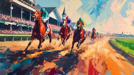 Fotobehang racing horses competing others. Hippodrome. Racetrack. Equestrian. Derby. Horse sport. Watercolor painting, racing competition drawing, watercolor painting, Abstract colorful background, ai generated  © HayyanGFX