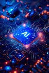 The letters AI on a futuristic blue circuit board. Artificial intelligence background concept.
