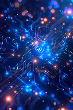 The letters AI on a futuristic blue circuit board. Artificial intelligence background concept.