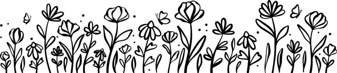 Hand drawn floral border, vector banner flower field hand drawn illustration isolated
