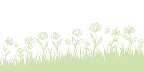 Fototapeta na wymiar Spring flower flied border, vector banner with hand drawn floral illustrations, green backgorund design